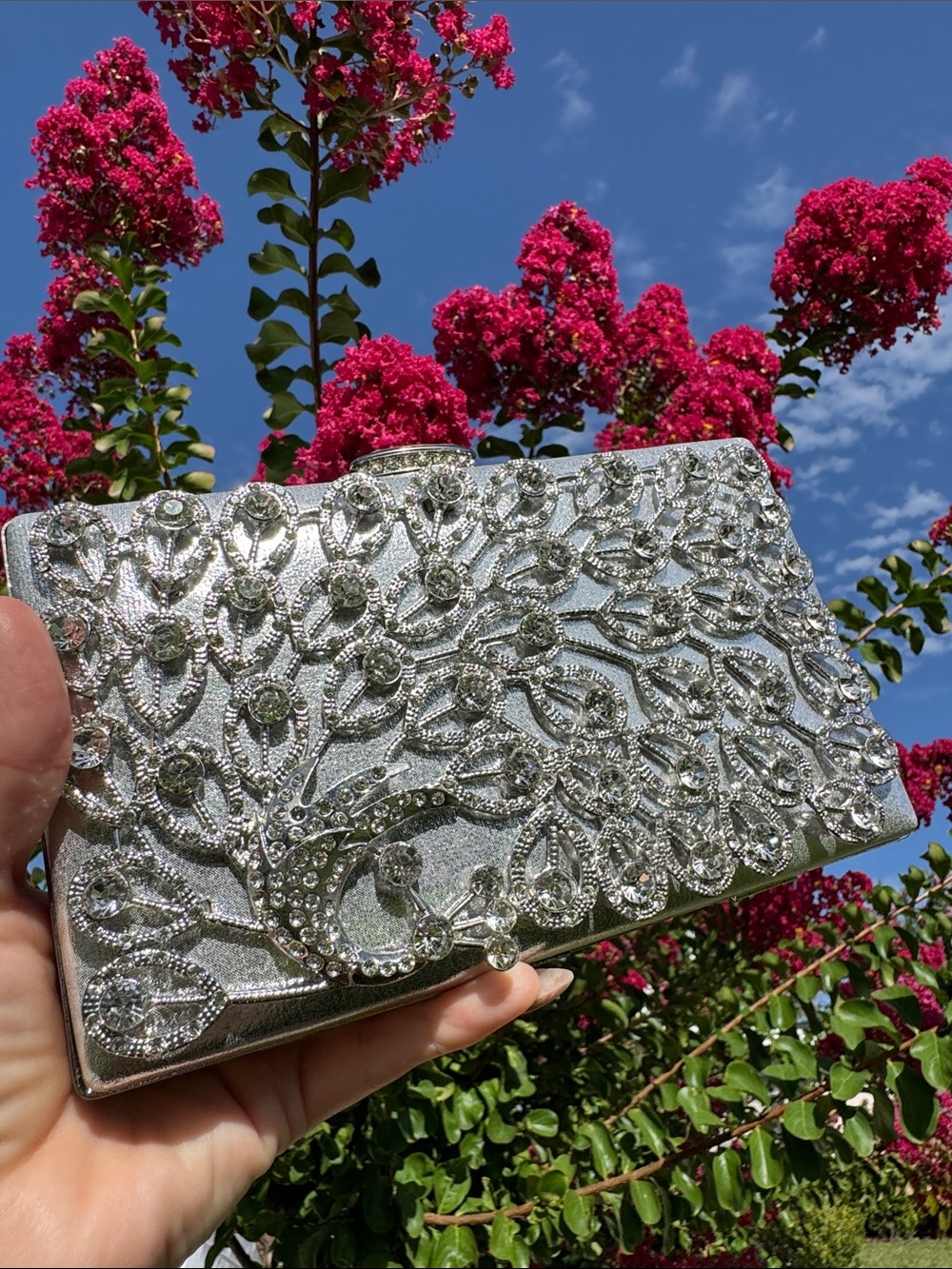 Fawziya Silver Crystal Clutch | Date Night Bridal Glam Rhinestone